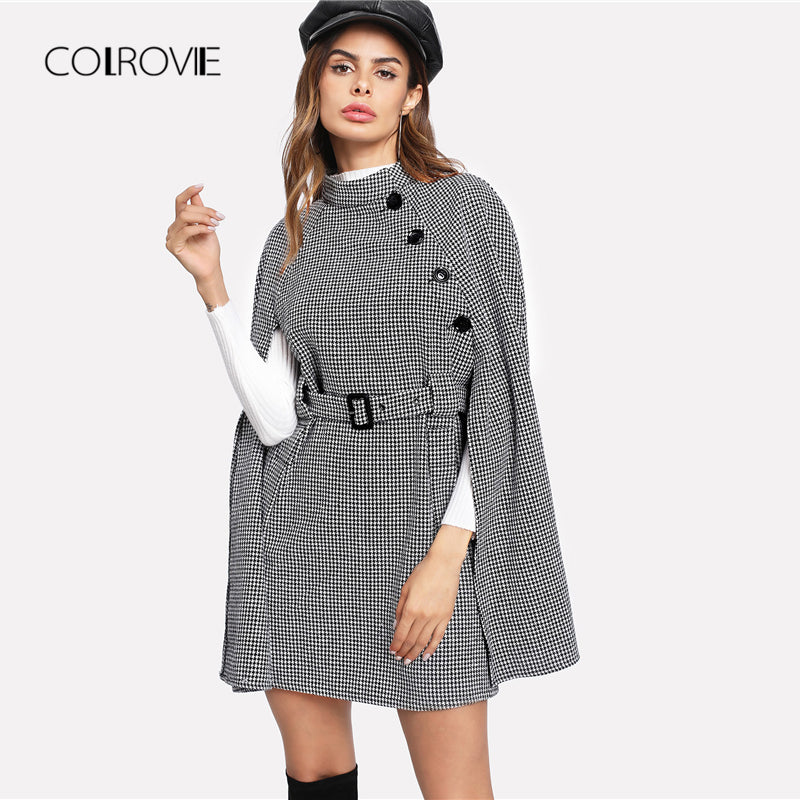 COLROVIE Black Vintage Plaid Self Belted Houndstooth Cape Wool Blend Women Coat 2018 Autumn Cloak Sleeve Winter Female Outerwear - YuppyCollections