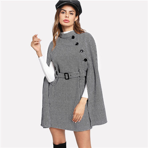 COLROVIE Black Vintage Plaid Self Belted Houndstooth Cape Wool Blend Women Coat 2018 Autumn Cloak Sleeve Winter Female Outerwear - YuppyCollections
