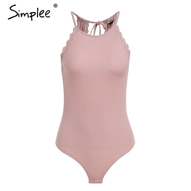 Simplee Sweet strap pink bodysuit women Sexy backless lace up rompers female 2018 Summer beach short jumpsuit - YuppyCollections