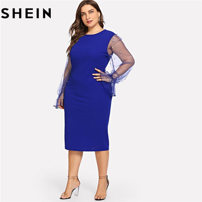 SHEIN Black Pearl Beading Mesh Ruffle Sleeve Plus Size Elegant Bodycon Dress - YuppyCollections