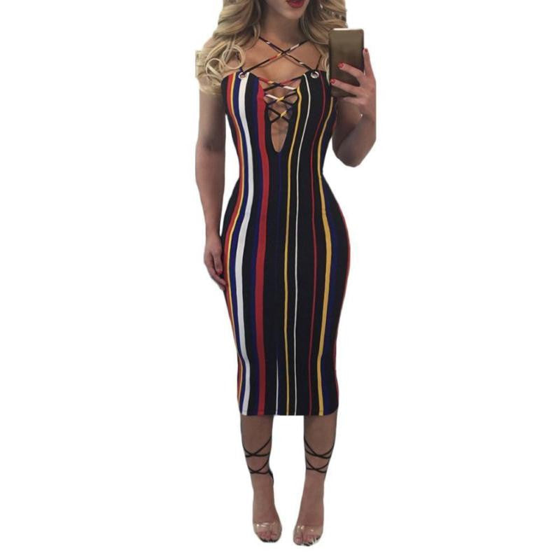 Vertical Stripes Slim Bag Arm Dress - YuppyCollections