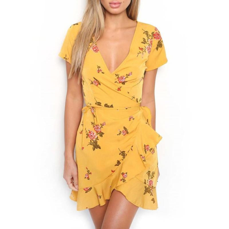 Women Bohemian V Neckline Flower Print dress - YuppyCollections