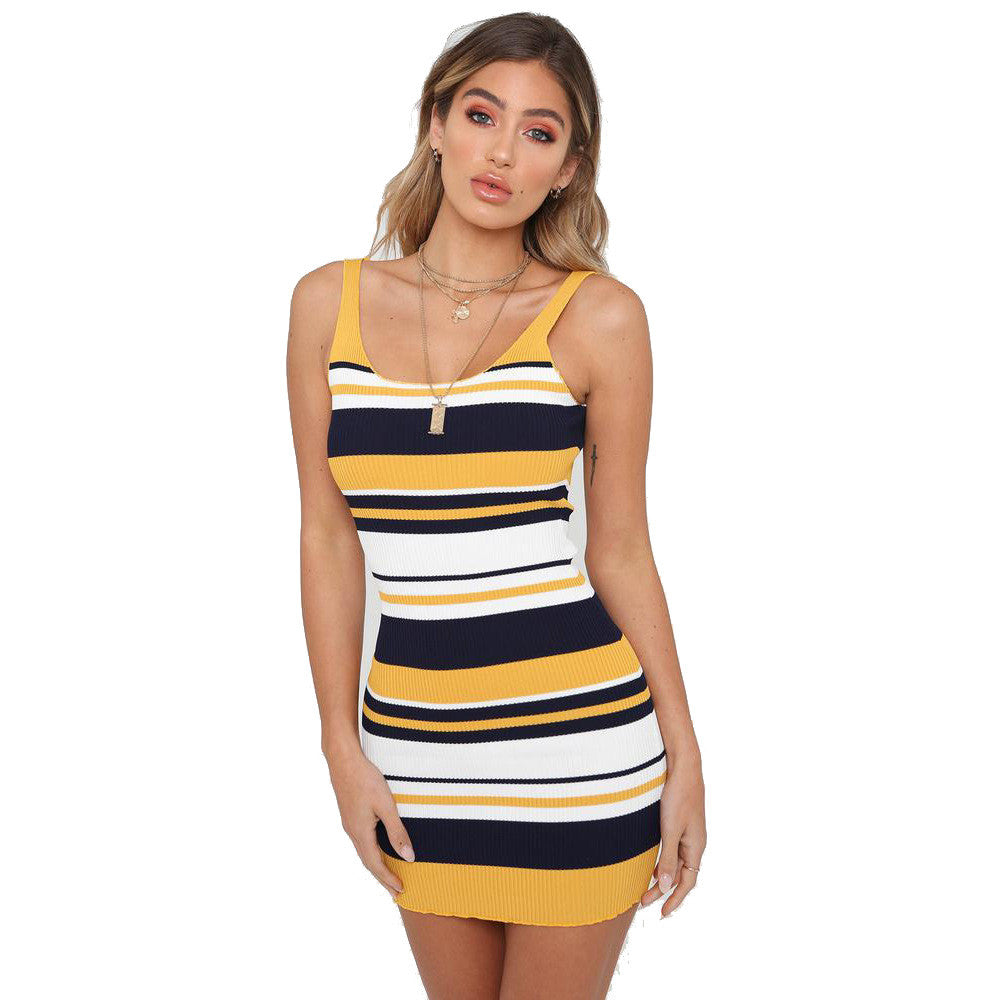 Women's Striped Bodycon Sleeveless Evening Party Cocktail Club Short Mini Dress - YuppyCollections