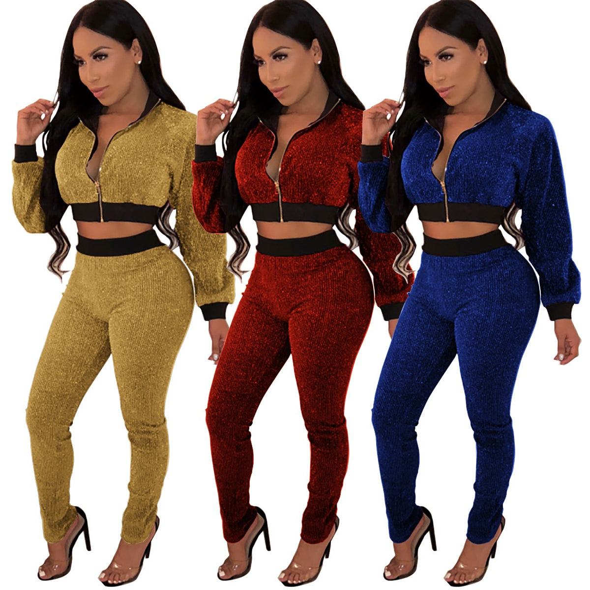 Women's Fashion Sparkly Metallic Silk 2 Pieces Set Long Sleeve Crop Top + Slim Long Pants - YuppyCollections