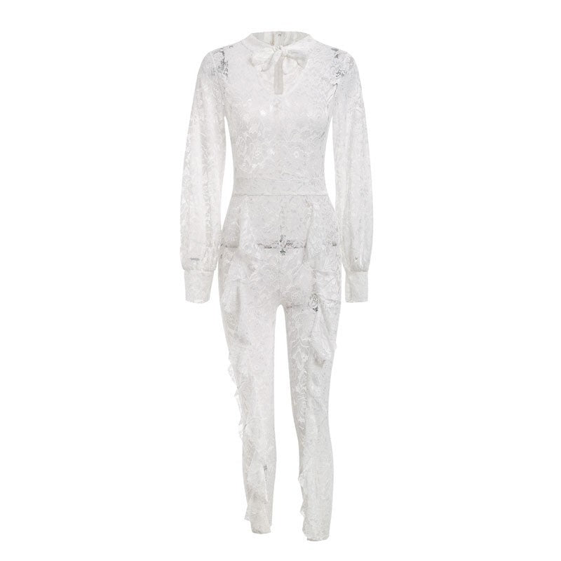 Glamaker Lace transparent mesh ruffle jumpsuit - YuppyCollections