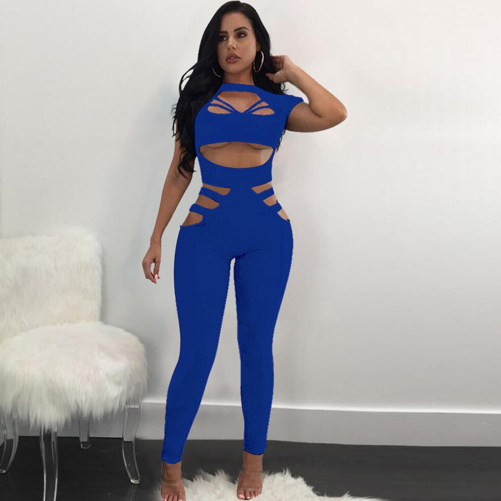 Sexy Women Jumpsuit Bandage Cutout Short Sleeve - YuppyCollections