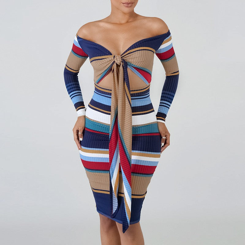 Glamaker Knitted striped off shoulder midi dress - YuppyCollections