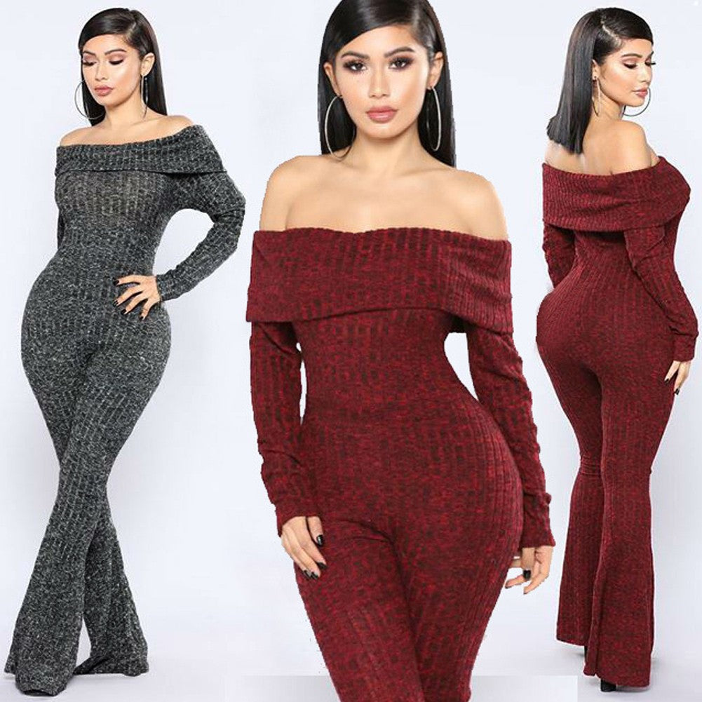 Women Bodycon Jumpsuit Off the Shoulder Long Sleeves Flare Long Romper - YuppyCollections