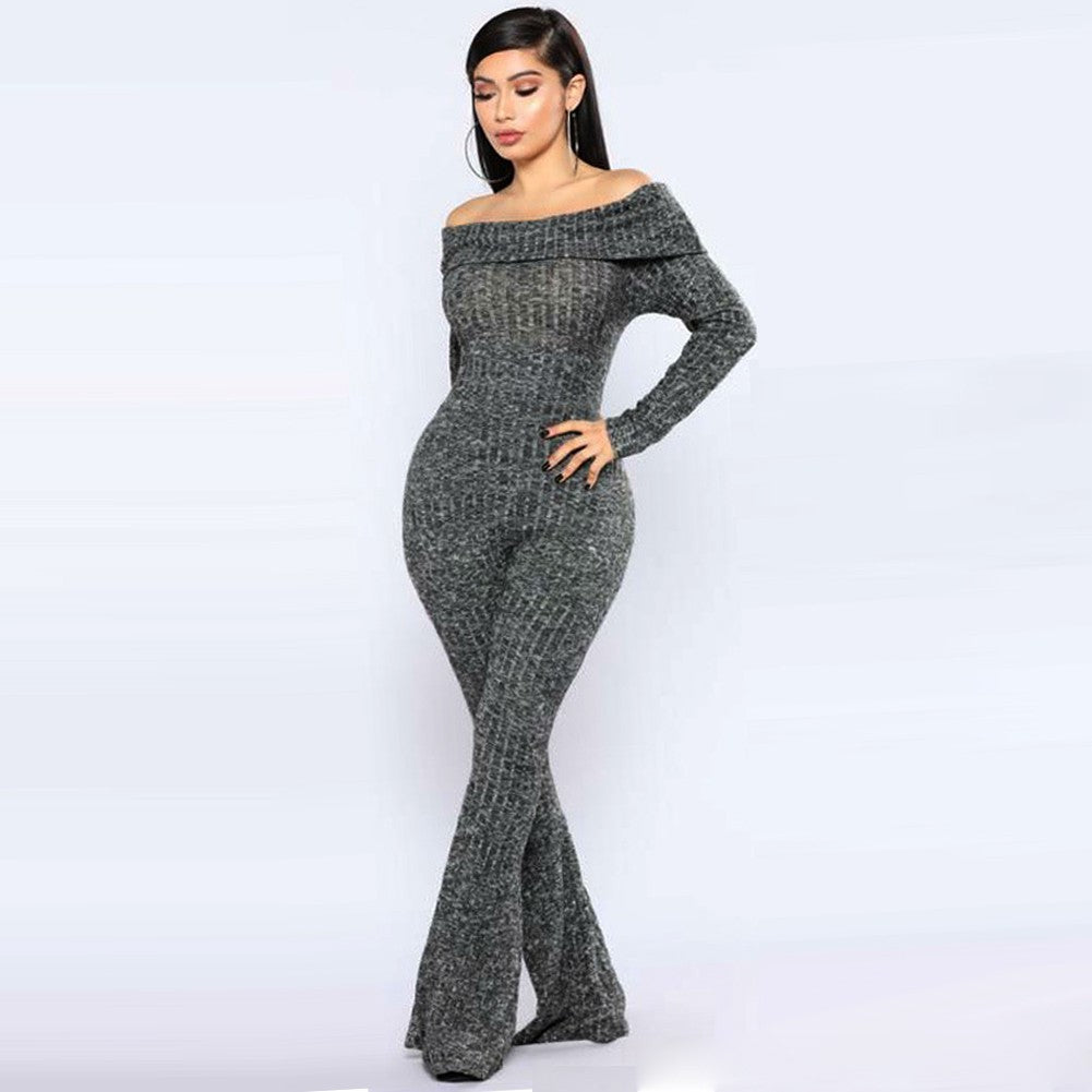 Women Bodycon Jumpsuit Off the Shoulder Long Sleeves Flare Long Romper - YuppyCollections