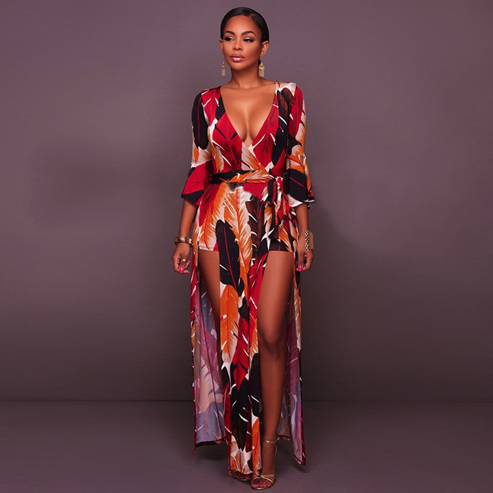 Sexy Women Deep V Neck Jumpsuit Leaves Print Belled 3/4 Sleeves High Low Dress Playsuit Rompers - YuppyCollections