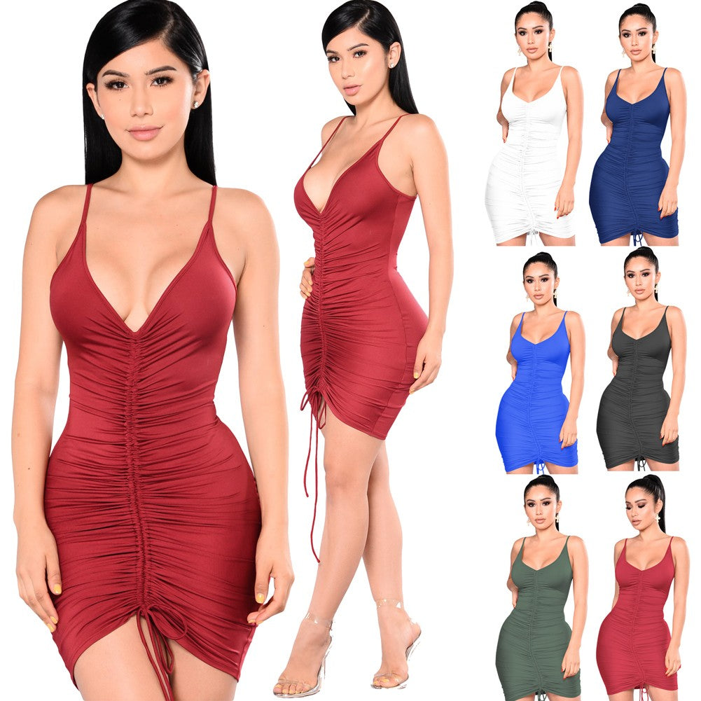 Women Sexy Backless Basic Dress Sleeveless Slim Vestidos Vest Tank Bodycon Dress Strap Solid Ruched Party Mini Dress - YuppyCollections