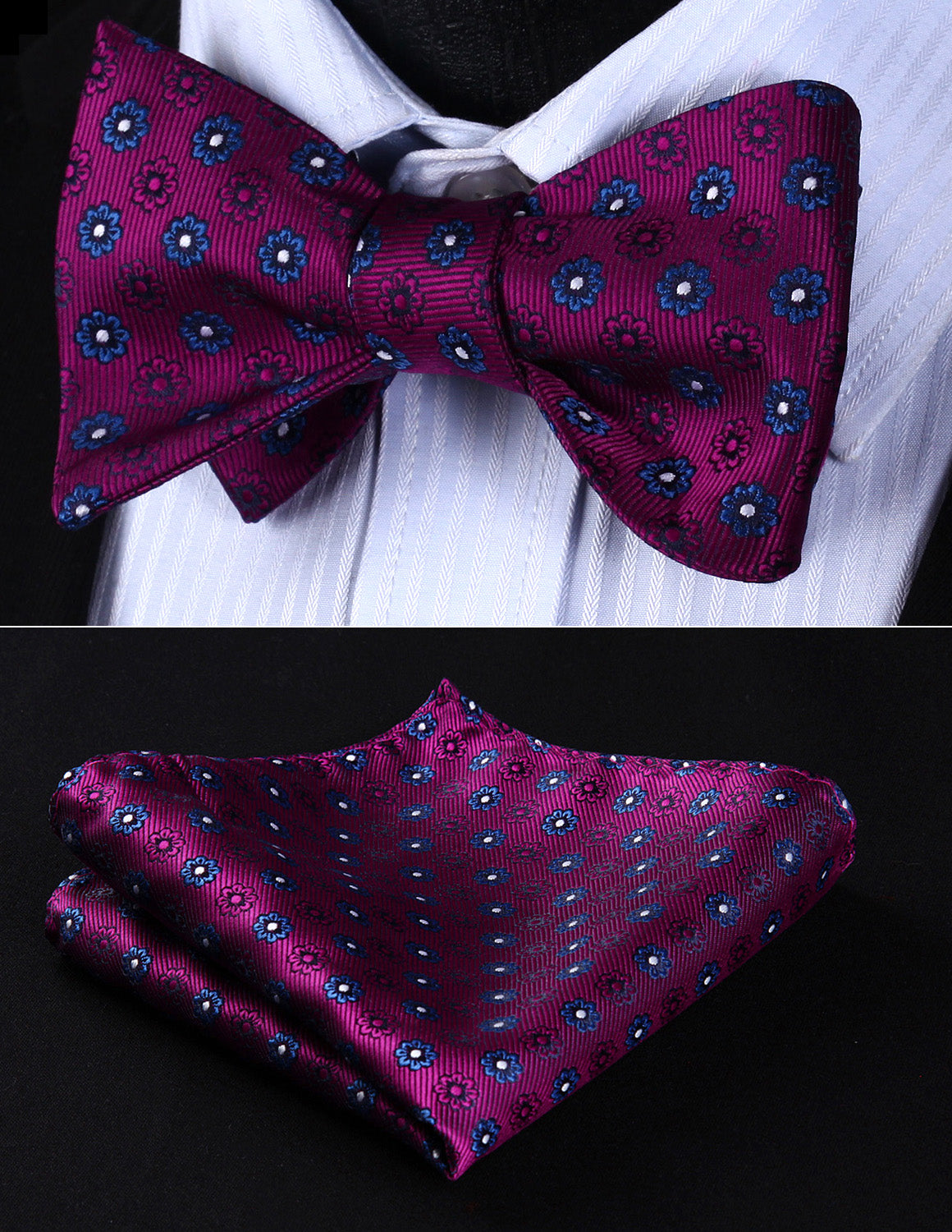 Party  Pocket Square Wedding BF605KS Pink Blue Floral Bowtie Men Silk Self Bow Tie handkerchief set Classic - YuppyCollections