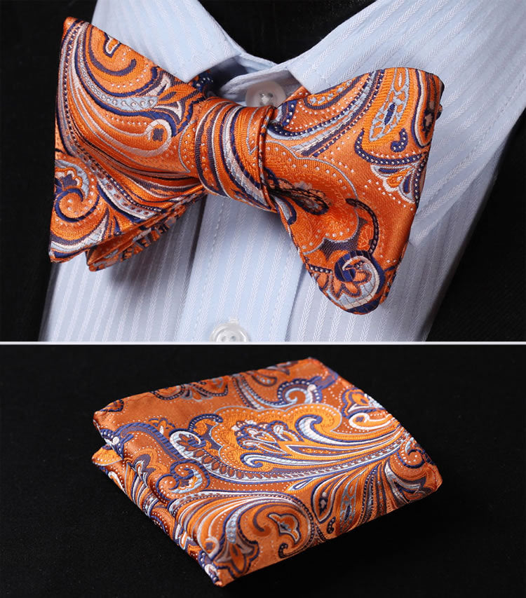 BF431N Orange Purple Floral 100%Silk Jacquard Woven Men Butterfly Self Bow Tie BowTie Pocket Square Handkerchief Hanky Suit Set - YuppyCollections