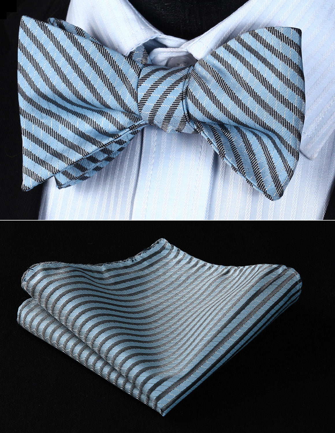 BS602BS Blue Gray Stripe Bowtie Men Silk Self Bow Tie handkerchief set Wedding Pocket Square - YuppyCollections