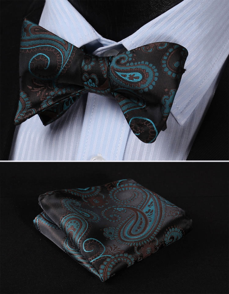 BF4006G Green Black Paisley Floral 100%Silk Jacquard Woven Men Self Bow Tie BowTie Pocket Square Handkerchief Hanky Suit Set - YuppyCollections