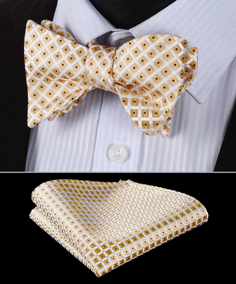 BC228D Gold Orange Beige Check 100%Silk Jacquard Men Butterfly Self Bow Tie BowTie Pocket Square Handkerchief Hanky Suit Set - YuppyCollections