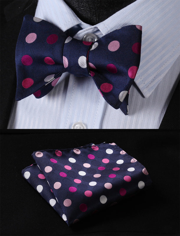 BD3004K Pink Navy Blue Polka Dot Classic 100%Silk Jacquard Woven Men Self Bow Tie BowTie Pocket Square Handkerchief Suit Set - YuppyCollections