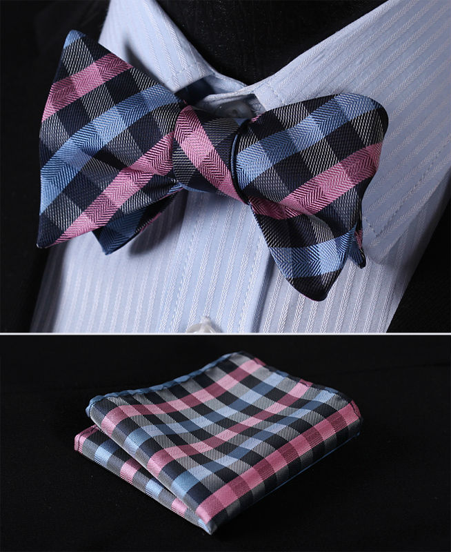 BC321K Pink  Blue Check 100%Silk Jacquard Woven Men Butterfly Self Bow Tie BowTie Pocket Square Handkerchief Hanky Suit Set - YuppyCollections