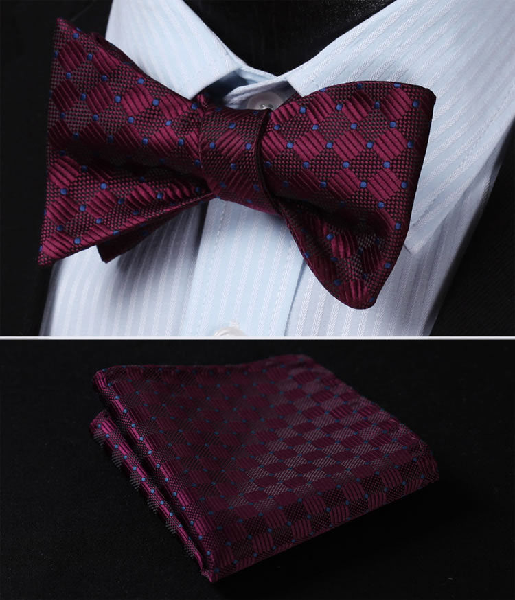 BC1017U Burgundy Blue Check 100%Silk Jacquard Woven Men Butterfly Self Bow Tie BowTie Pocket Square Handkerchief Hanky Suit Set - YuppyCollections