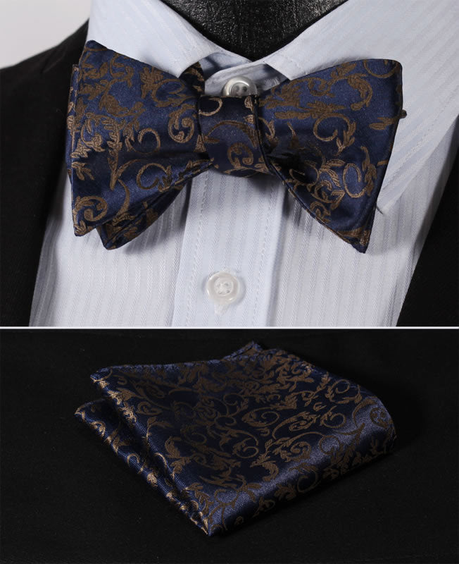 BF2018Z Navy Blue Brown Floral Classic 100%Silk Jacquard Woven Men Self Bow Tie BowTie Pocket Square Handkerchief Suit Set - YuppyCollections