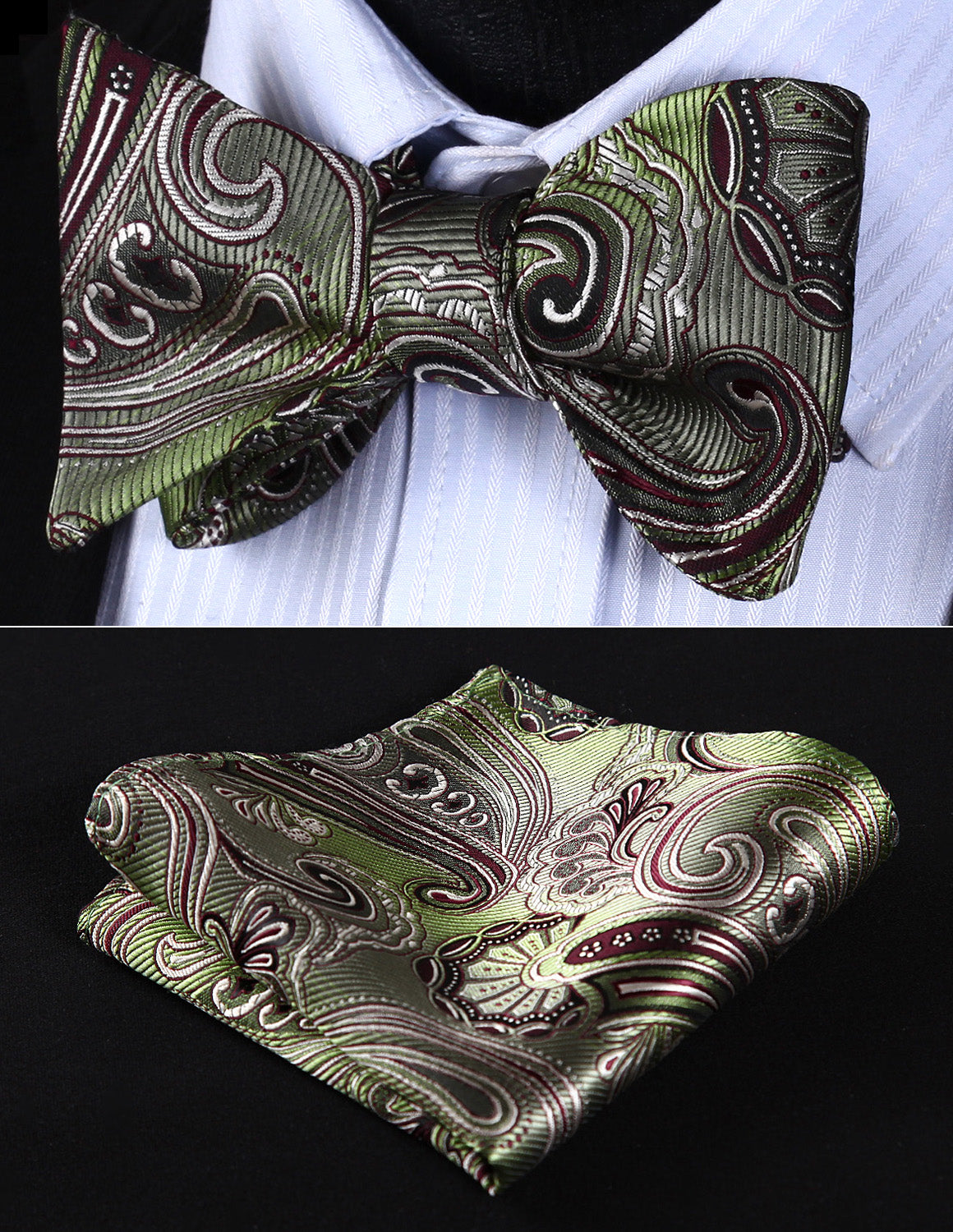 Wedding Party Pocket Square BP923TS Olive Green Paisley Bowtie Men Silk Self Bow Tie handkerchief set - YuppyCollections