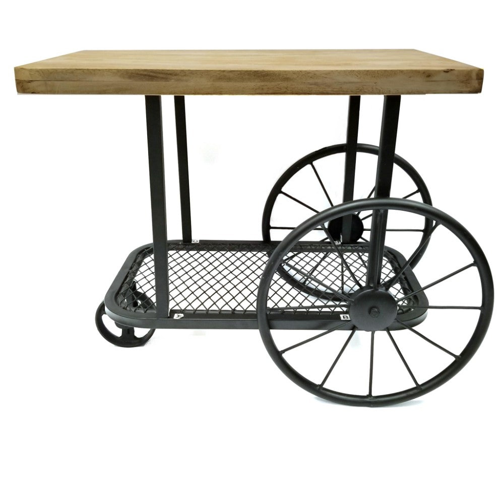 Industrial Design End Table With Wooden Top and Metal Wheels Base, Black and Brown - YuppyCollections