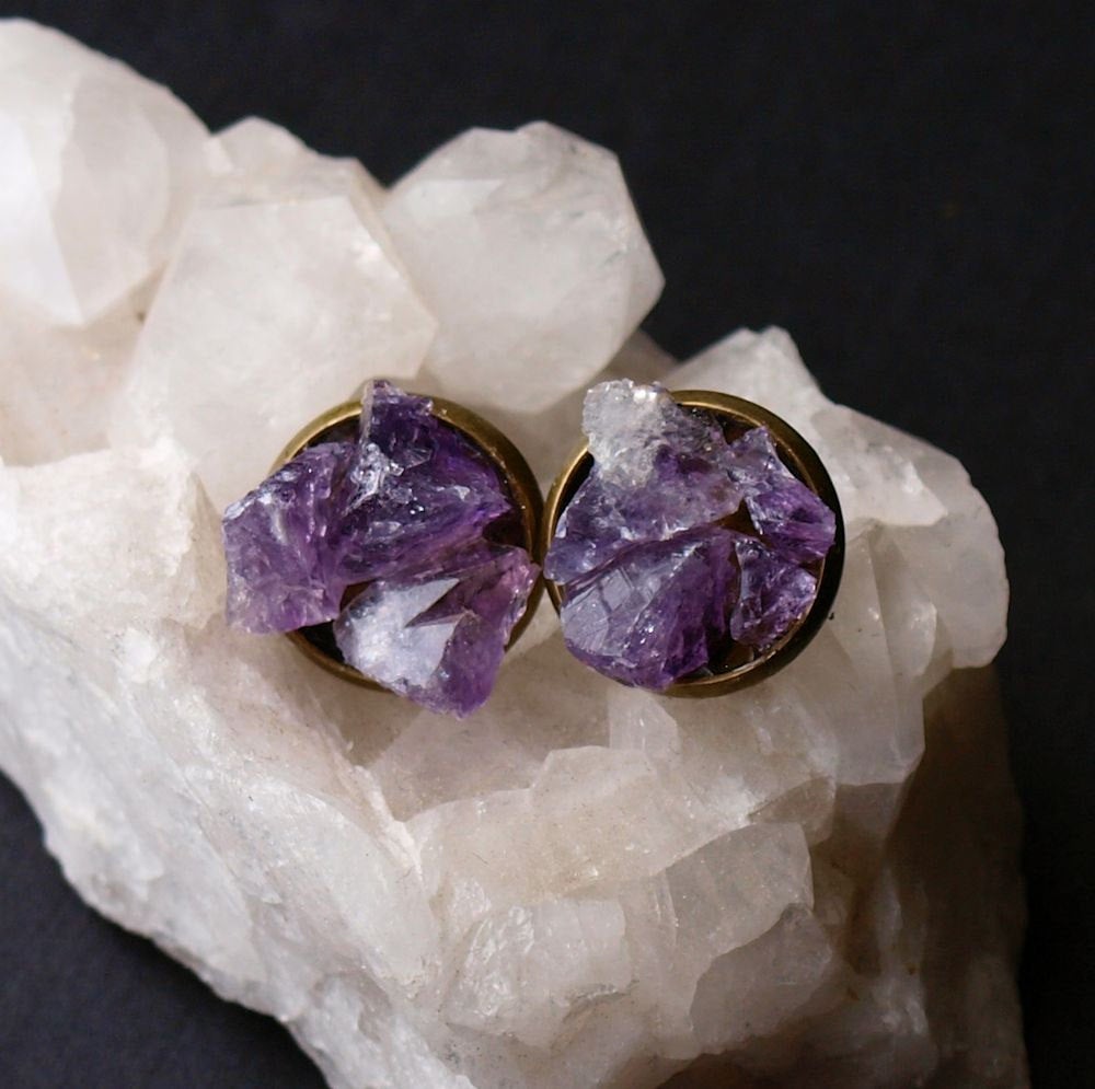 Amethyst Cluster Stud Earrings, Raw Amethyst Earrings - YuppyCollections