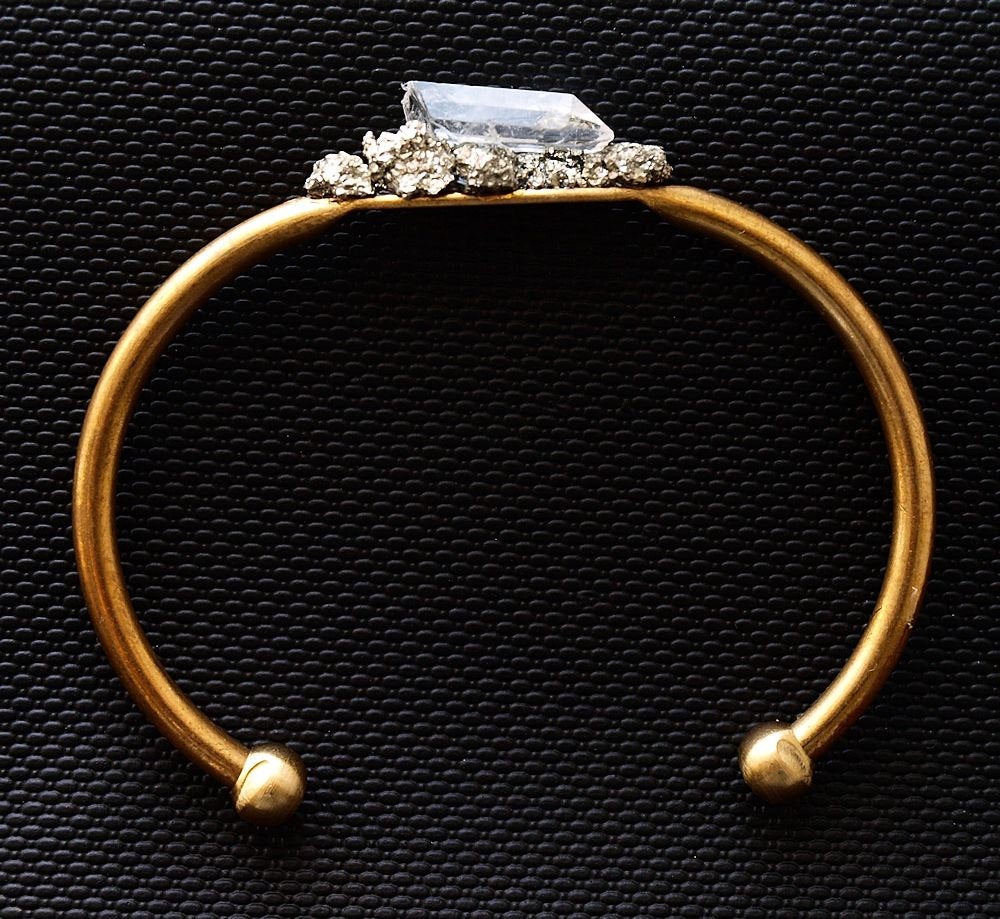 Pyrite and Quartz Gold Bangle, Pyrite Bracelet - YuppyCollections