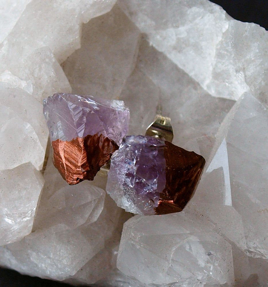 Bronze & Raw Amethyst Chunk Earrings, Geo Earrings, Rock Stud Earrings, Crystal Earrings - YuppyCollections