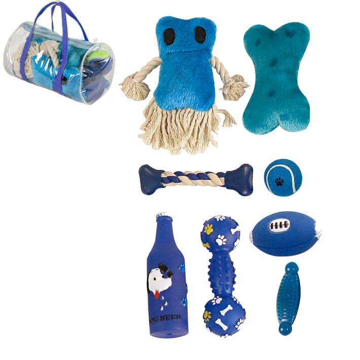 8 Piece Duffle Bag Pet Toy Set - Blue - YuppyCollections