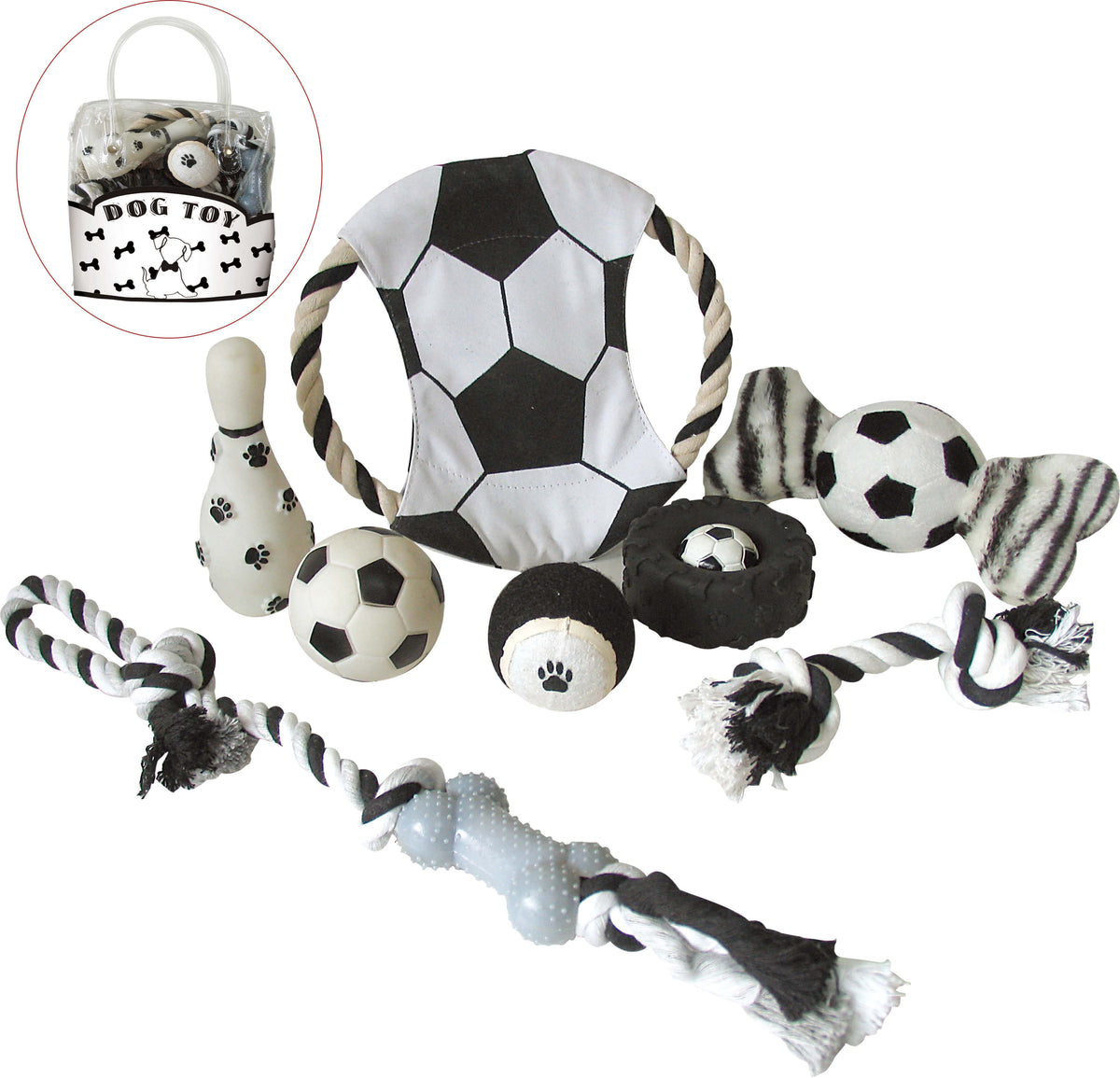 8 Piece Soccer Themed Pet Toy Set - Black & White - YuppyCollections