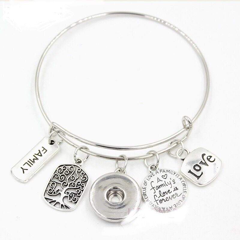 Bracelet - Family Love - Tree of Life - Bangle Bracelet - Customize with one of Our Snaps - Includes Four Pictured Charms and Your Choice of Snap - YuppyCollections