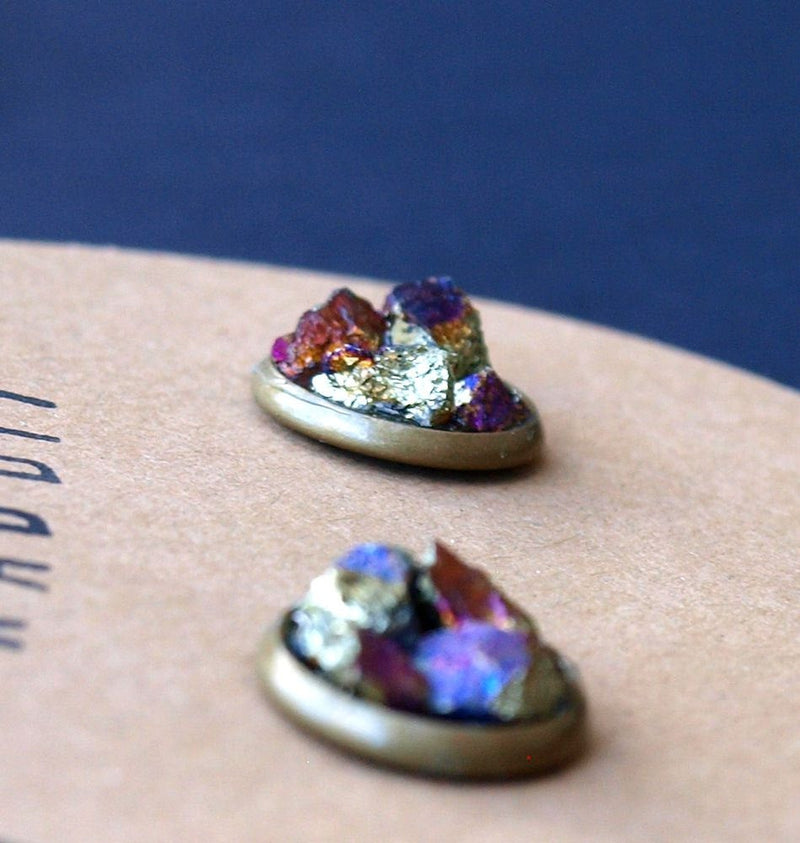 Peacock Ore Cluster Stud Earrings, Raw Peacock Ore Earrings - YuppyCollections