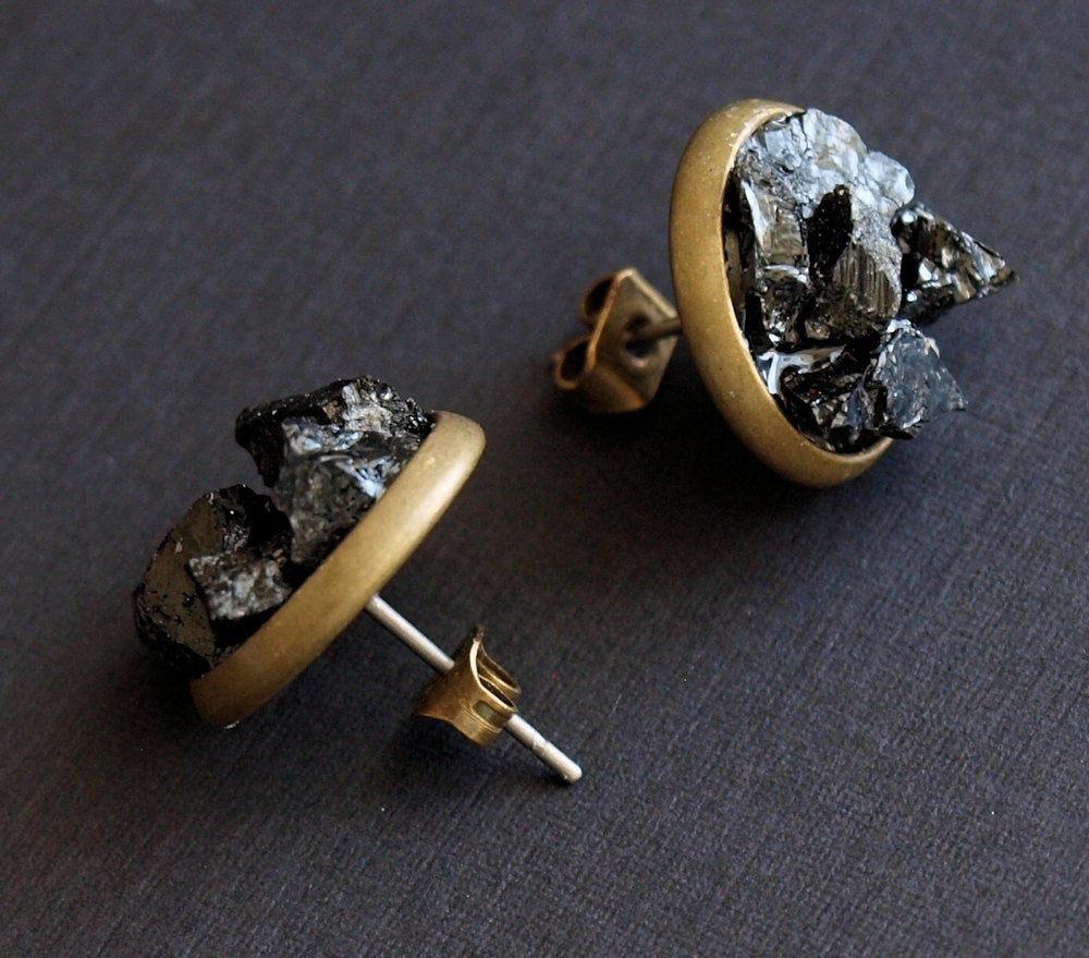 Black Tourmaline Cluster Stud Earrings, Raw Black Tourmaline Earrings - YuppyCollections